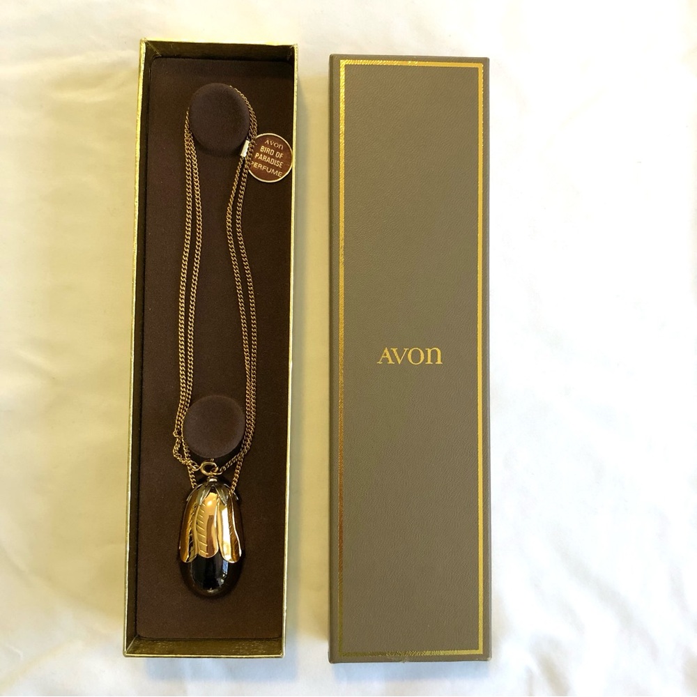 Avon Perfume Filled Eggplant Pendant Necklace Vintage Bird of Paradise Scent NWT - Picture 9 of 12